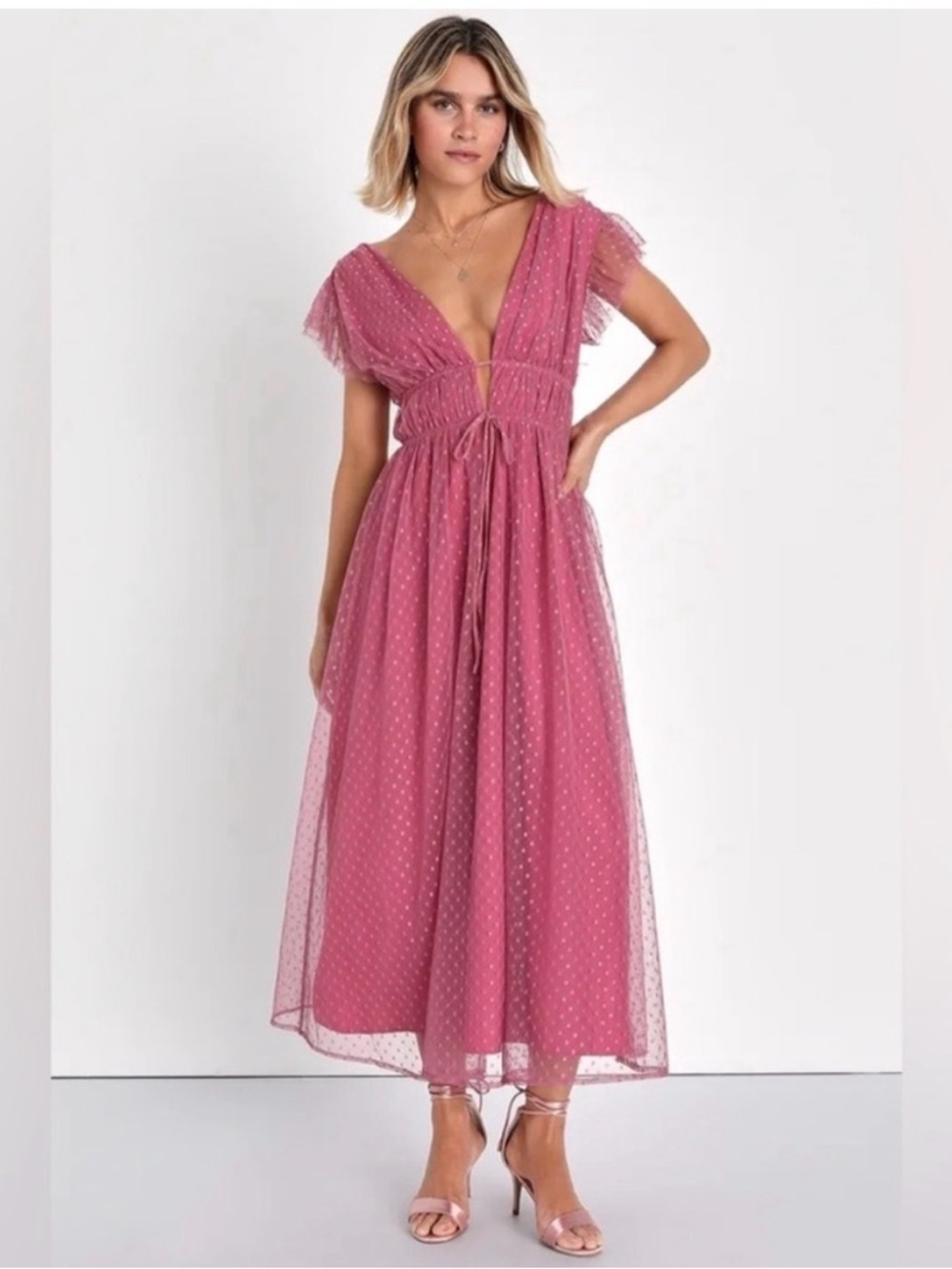 Lulu's Yours Evermore Swiss Dot Maxi Dress with Flutter Sleeves - Size L